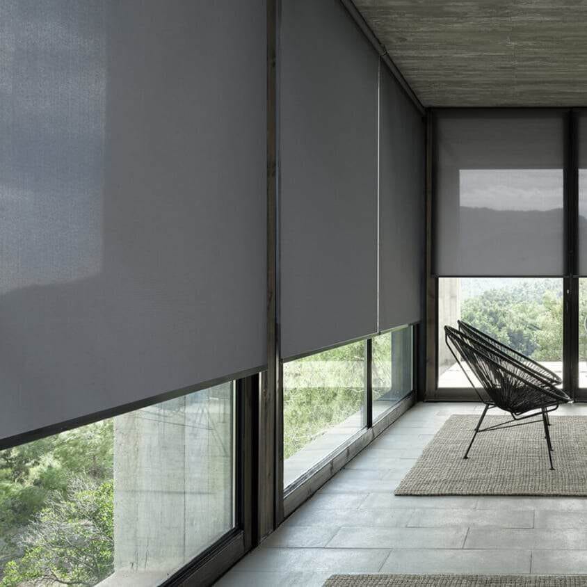 Grey screen roller blinds, for daytime privacy while keeping an outward view