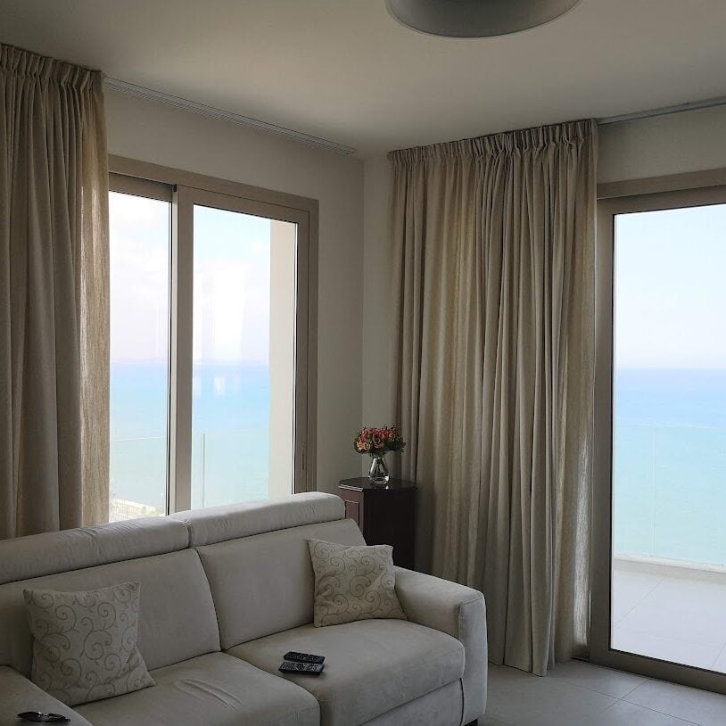 Natural colour semi-sheer linen curtain, with double pencil pleat