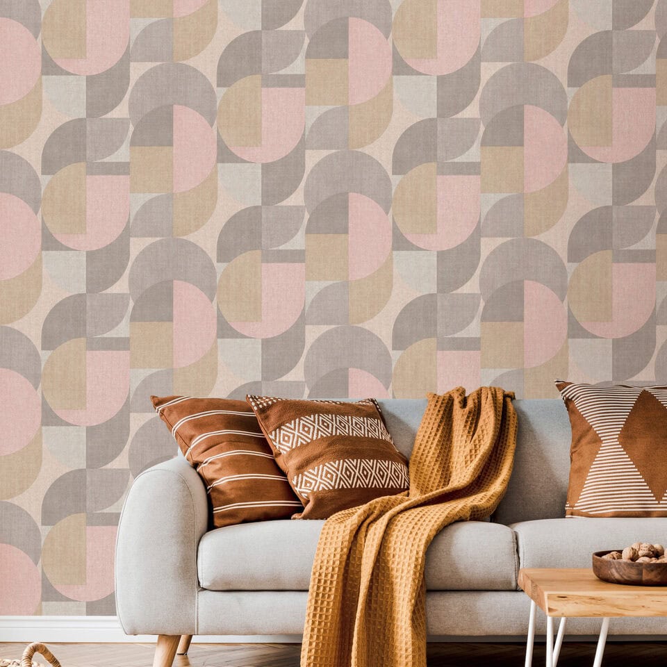 Geometric patterns in pink, grey and beige tones