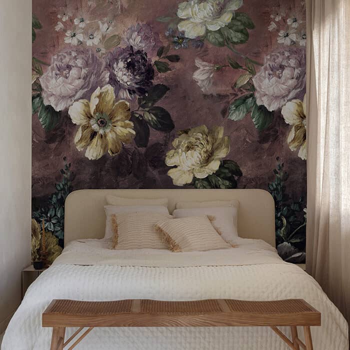 Floral roses mural in burgundy tones