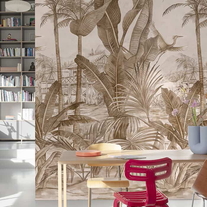 Tropical scene mural in beige colours