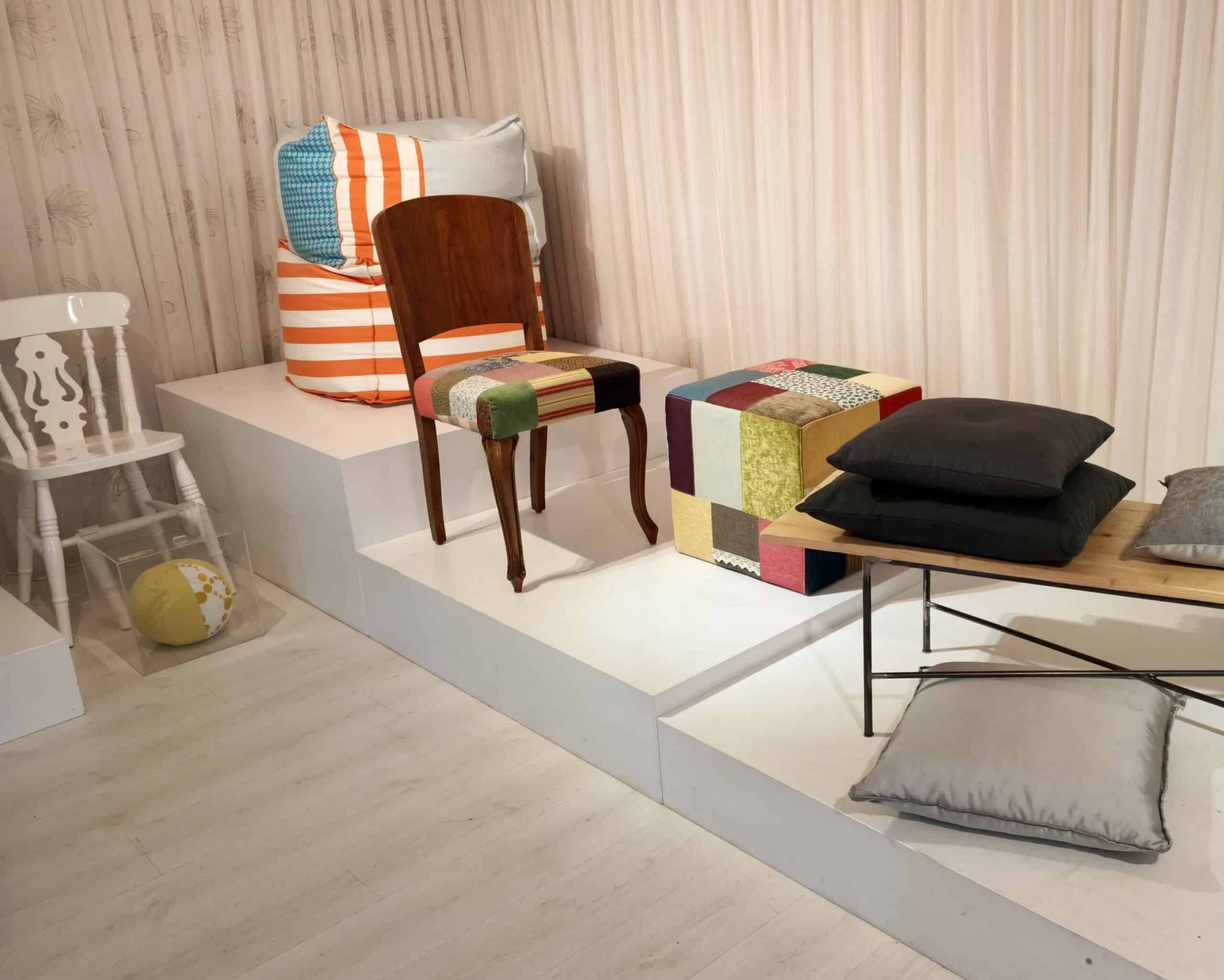 Showroom with a range of other products; dining chair, pouf, cushions, bean bags