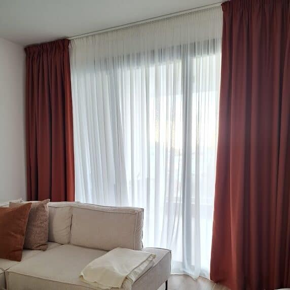 White sheer curtains & heavy terracotta curtain with lining, for a living room