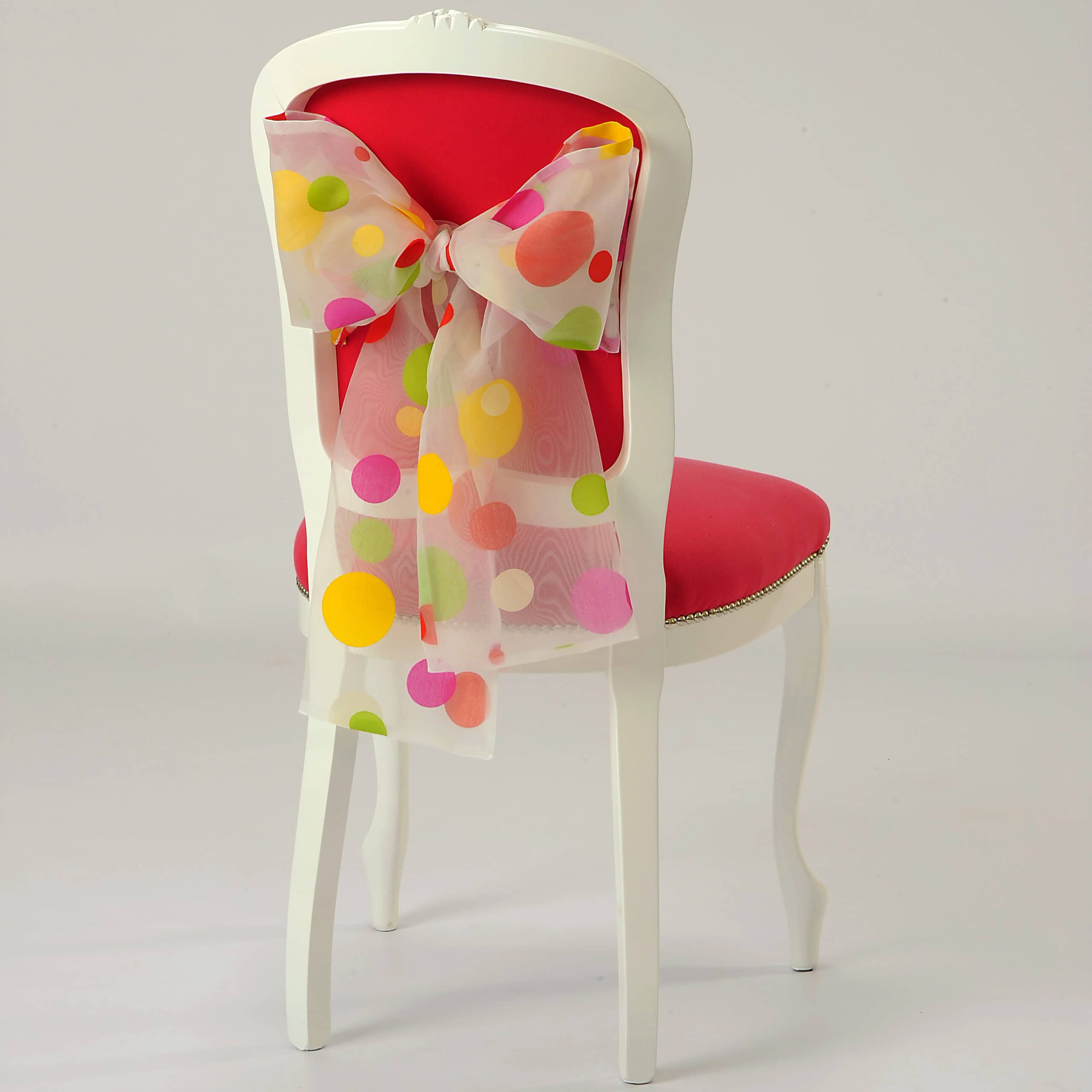 Dining chair, red reupholstery with added bow detail on the back