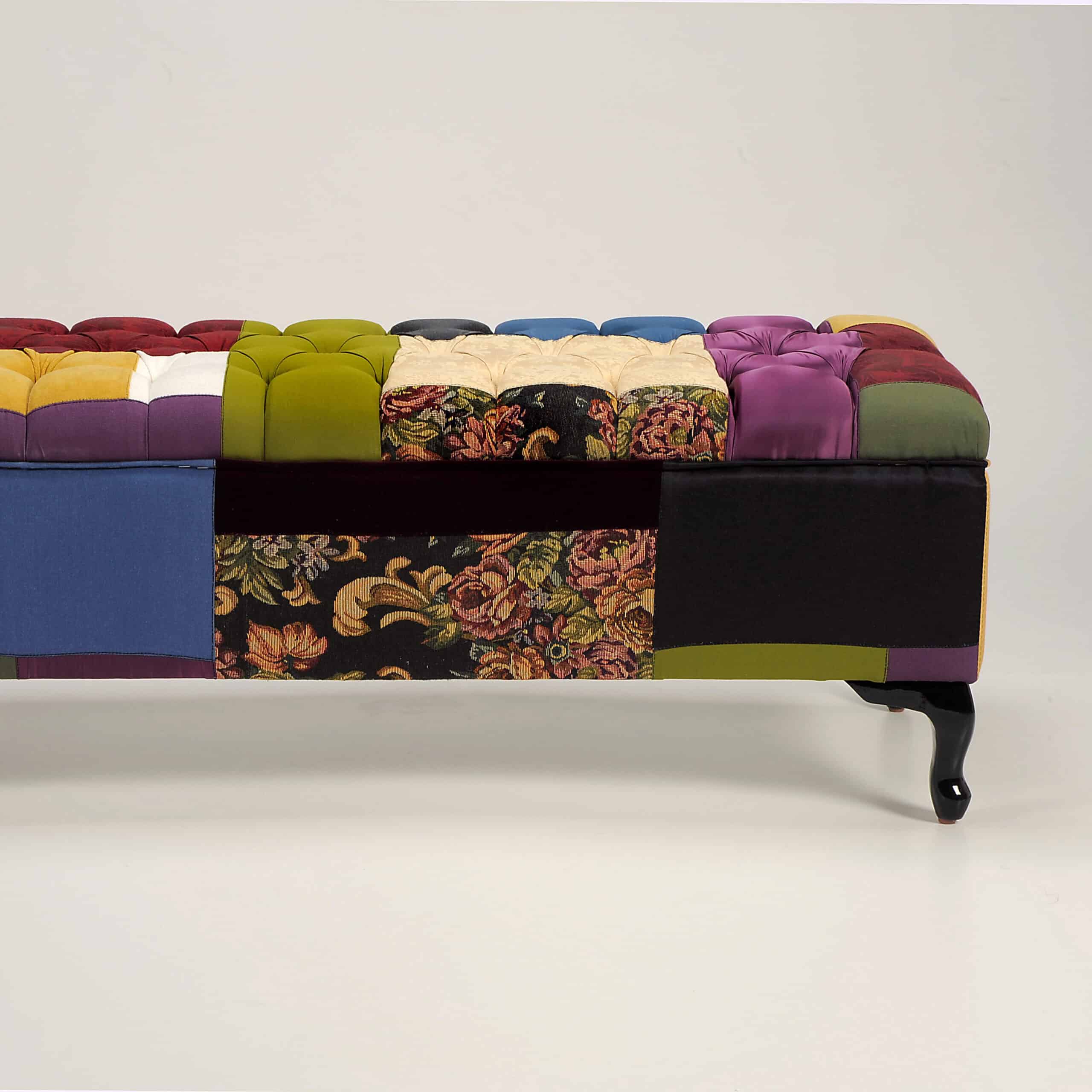 Bench with custom patchwork design, blending textures and colours