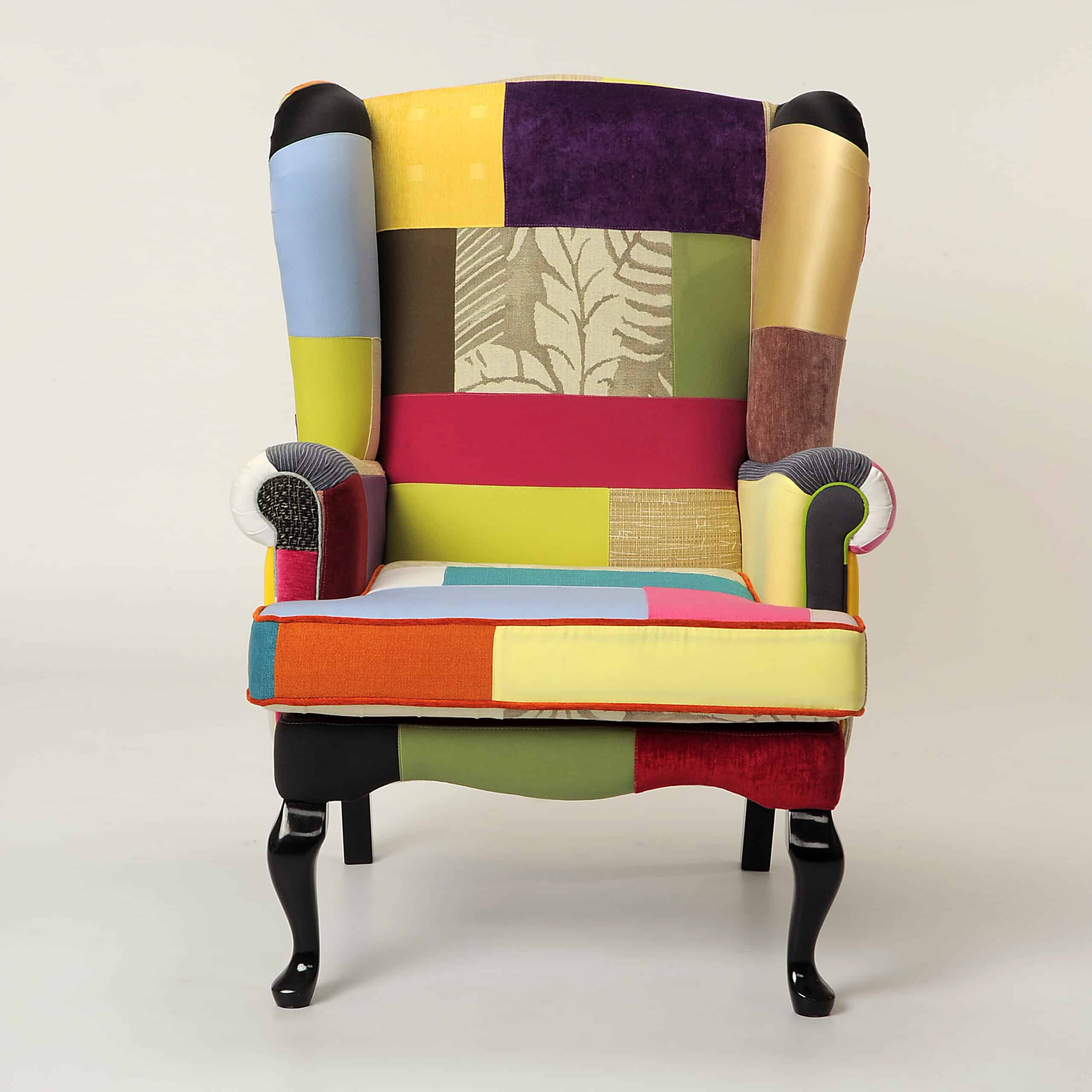 Armchair with custom patchwork design, blending textures and colours