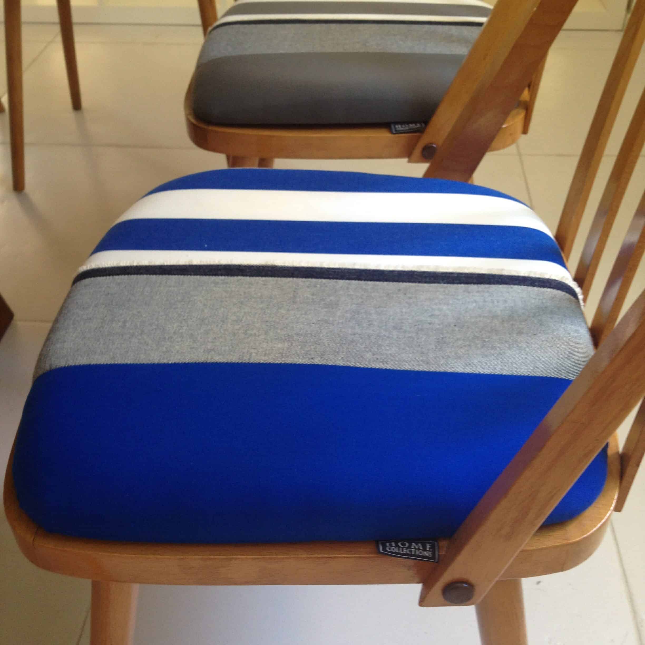 Reupholstered seats: three fabrics, in blue/grey combo