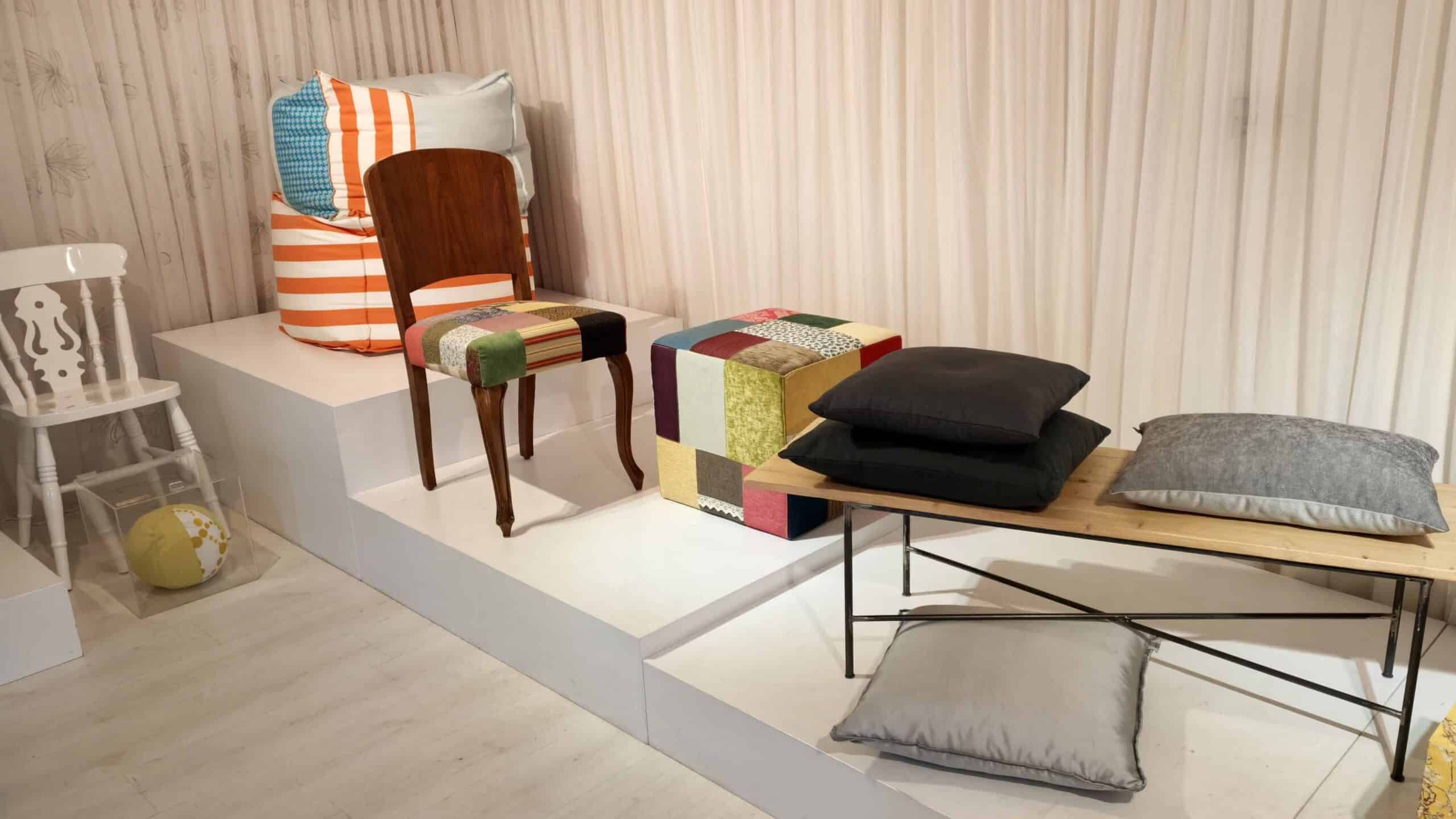 Showroom with a range of other products; dining chair, pouf, cushions, bean bags