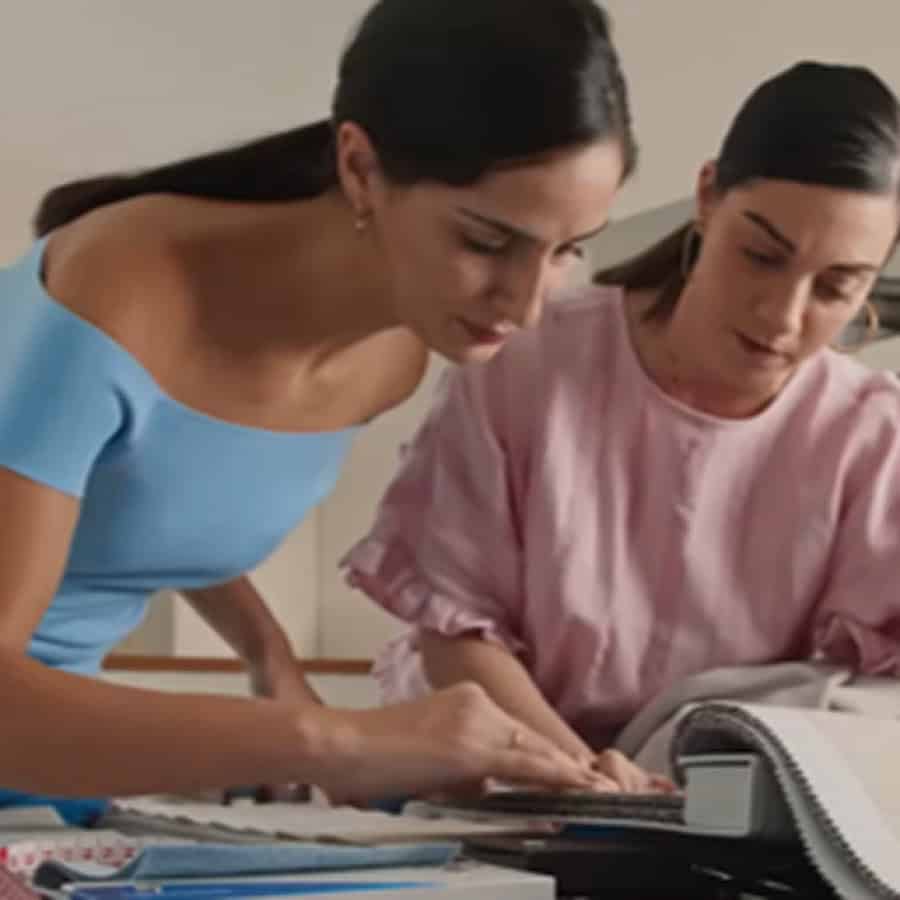 A customer and home collections team looking at fabrics together
